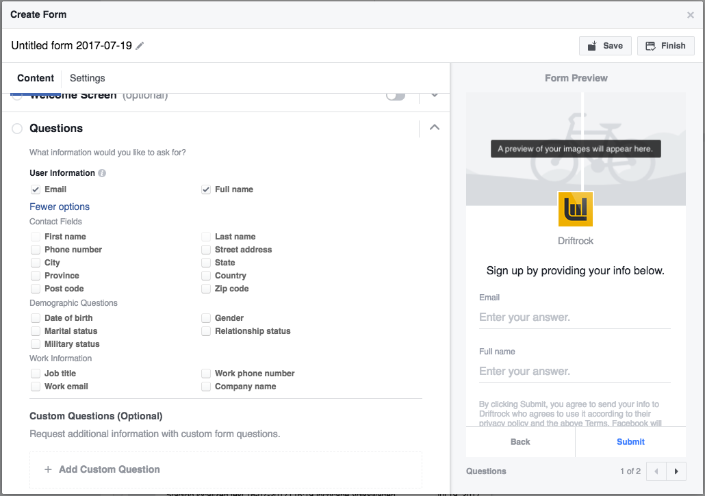 facebook lead ads form fields