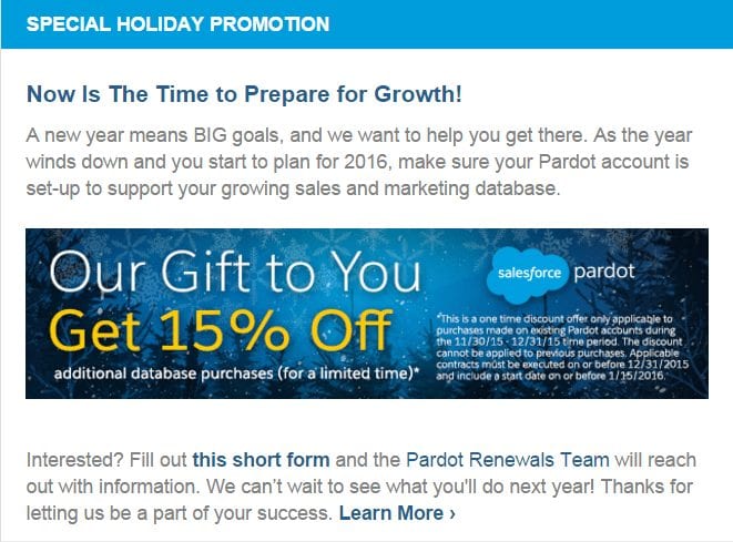 pardot holiday email discount