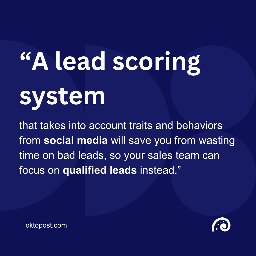 social media lead scoring system quote: “A lead scoring system that takes into account traits and behaviors from social media will save you from wasting time on bad leads, so your sales team can focus on qualified leads instead.”
