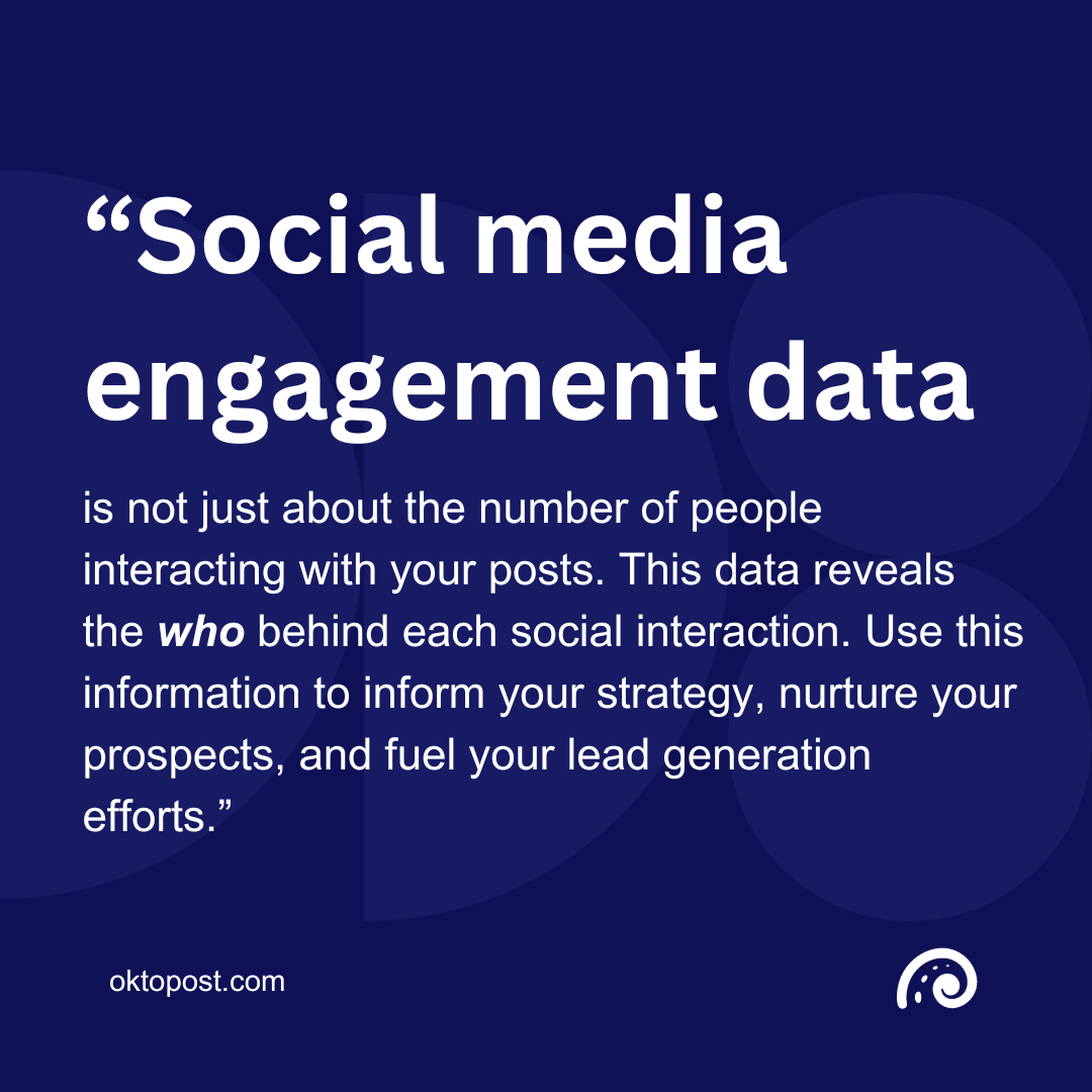 Oktopost quote: “Social media engagement data is not just about the number of people interacting with your posts. This data reveals the who behind each social interaction. Use this information to inform your strategy, nurture your prospects, and fuel your lead generation efforts.”
