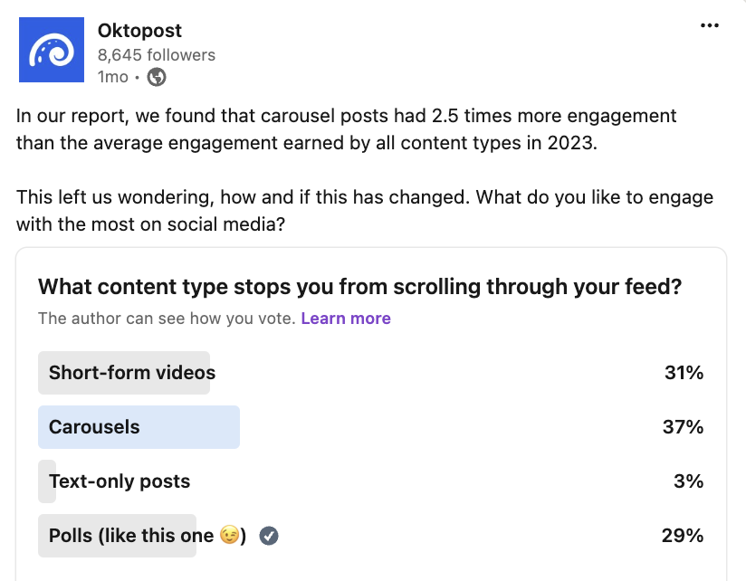 Oktopost poll: What content type stops you from scrolling through your feed? Answers: Short-form videos 31%, Carousels 37%, Text-only posts 3%, Polls 29%