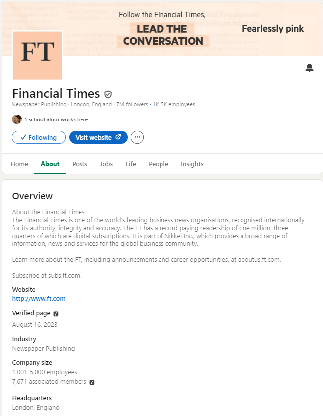 LinkedIn for PR LinkedIn Financial Times Page