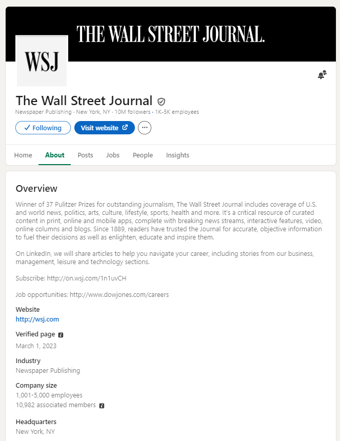 LinkedIn Wall Street Journal Page